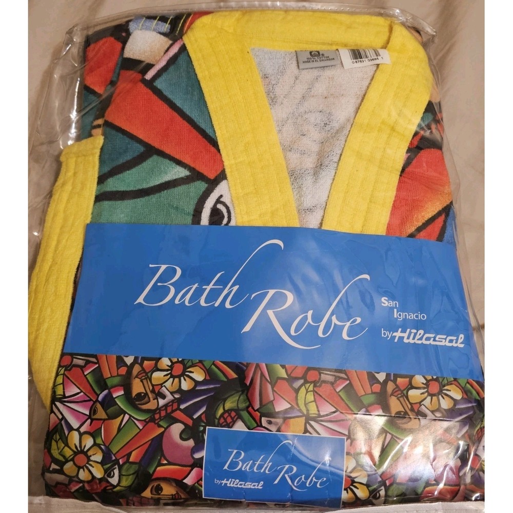 Vtg RARE Fabricado for Hilasal Stained Glass art lady bright terrycloth robe NEW